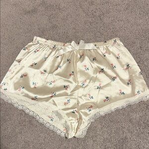 Cream Floral Satin Sleep Shorts with Lace Trim
